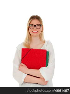 Student blonde girl with red folder isolated on a white background