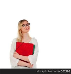 Student blonde girl with red folder isolated on a white background