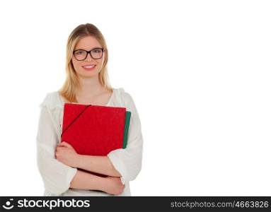 Student blonde girl with red folder isolated on a white background