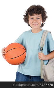 Student boy blond with a basketball over white background