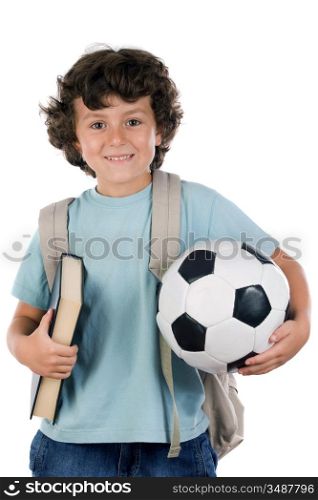 Student boy blond with a soccer ball over white background
