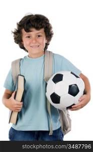 Student boy blond with a soccer ball over white background