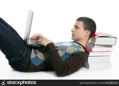 Student boy lying on floor, books and laptop computer isolated on white