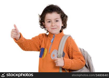 Student boy with orange clothes on a white background