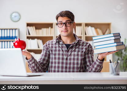 Student breaking piggybank to pay for tuition fees