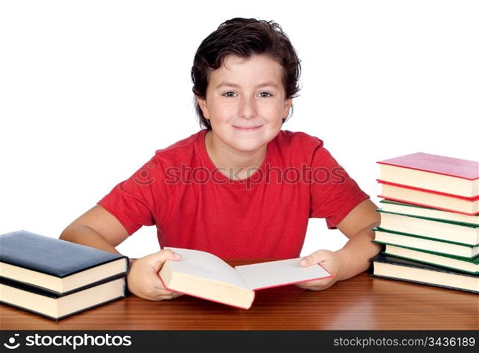 Student child in the school reading isolated over white background