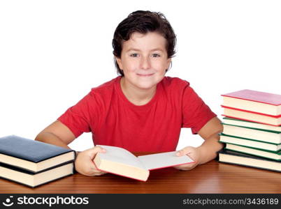 Student child in the school reading isolated over white background