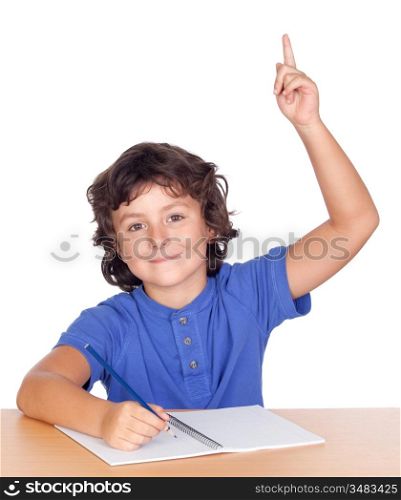 Student child studying raising the hand isolated on a over white background