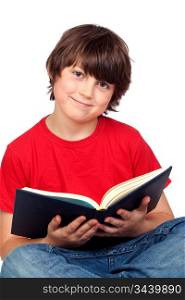 Student child with a book isolated over white background