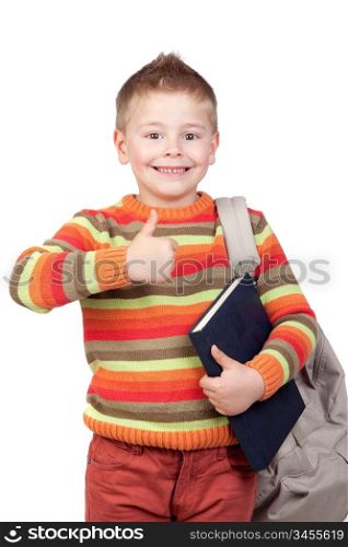 Student child with books saying Ok isolated on white background
