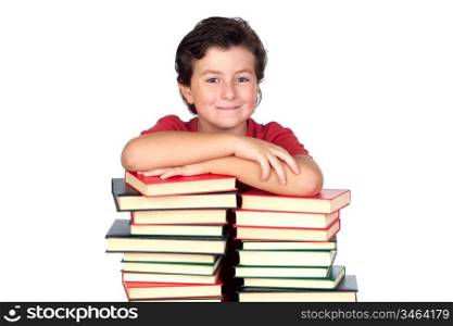 Student child with many books isolated over white background
