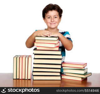 Student child with many books isolated over white background