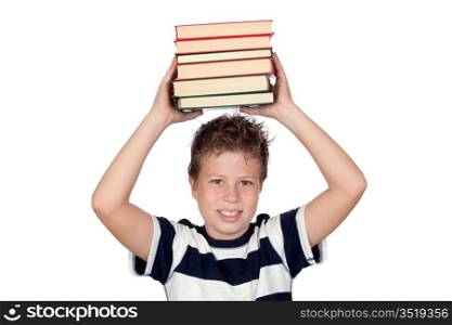 Student child with many books on his head isolated over white background