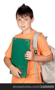 Student child with orange t-shirt isolated on white background