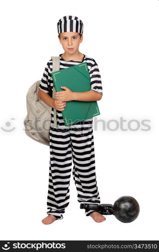 Student child with prisoner costume isolated on white background