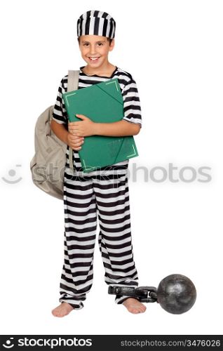 Student child with prisoner costume isolated on white background