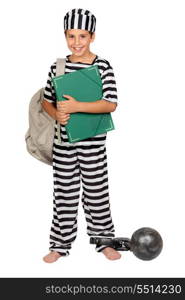 Student child with prisoner costume isolated on white background