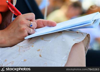 student, conference meeting, hand, pen, notebooks and writing&#xD;&#xD;
