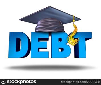 Student debt financial concept as a graduation mortar board on the word for school tuition loan repayment or lending and education financing symbol for university and college students on a white background.