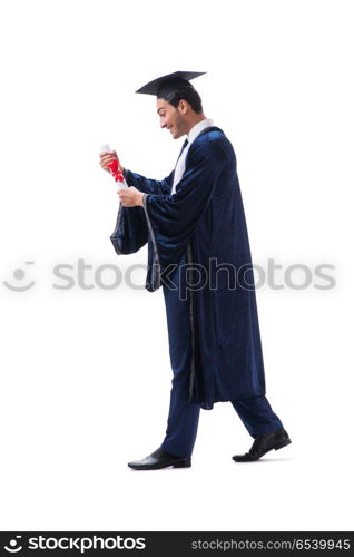 Student excited at his graduation isolated on white