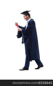 Student excited at his graduation isolated on white