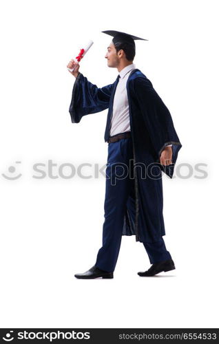 Student excited at his graduation isolated on white