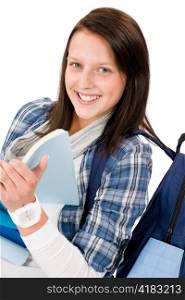 Student girl happy teenager with schoolbag hold books