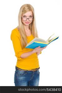 Student girl in glasses reading book
