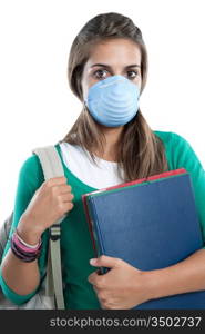 Student girl infected with influenza A and mask isolated over white