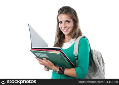 Student girl reading isolated on a over white background
