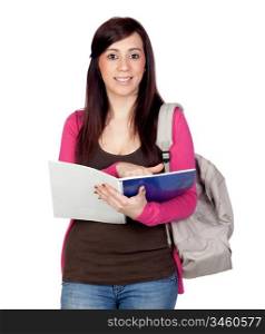 Student girl with a notebook isolated on a over white background