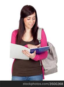 Student girl with a notebook isolated on a over white background