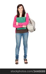 Student girl with backpack isolated on a over white background