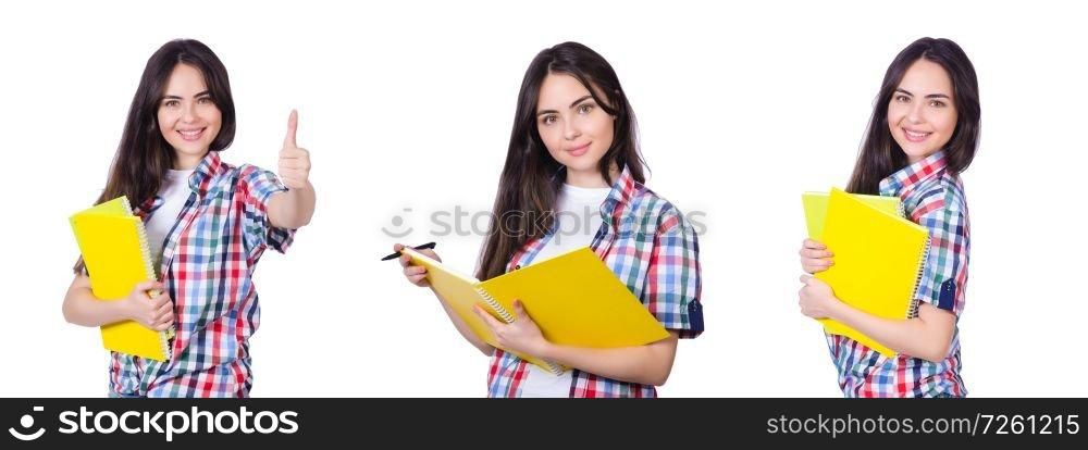 Student girl with books on white