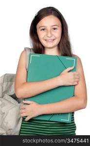 Student girl with folder and backpack isolated over white background