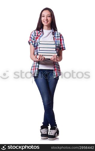Student girl with many books on white