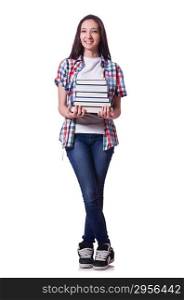 Student girl with many books on white