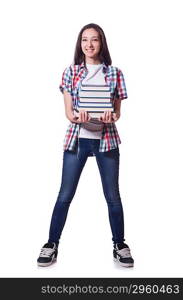 Student girl with many books on white