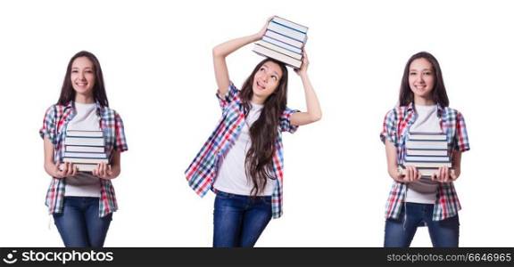 Student girl with many books on white. The student girl with many books on white