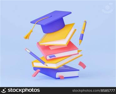 Student graduation cap on books stack. Concept of university or college education, academic tuition with flying mortarboard, books, pen and pencil, 3d render illustration. 3d student graduation cap on books stack