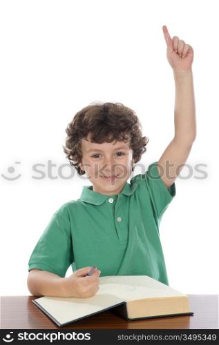 student handsome boy with his hand raised up