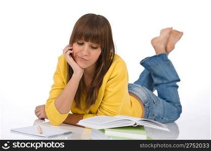 Student - Happy female teenager write homework with book on white background