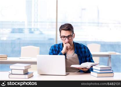 Student in telelearning distance learning concept reading in lib. Student in telelearning distance learning concept reading in library. Student in telelearning distance learning concept reading in lib