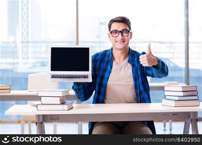 Student in telelearning distance learning concept reading in library. Student in telelearning distance learning concept reading in lib