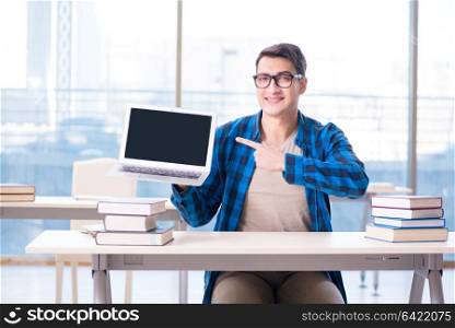 Student in telelearning distance learning concept reading in library. Student in telelearning distance learning concept reading in lib