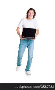 Student is running with laptop in his hands in jeans and white t-shirt on wnite background