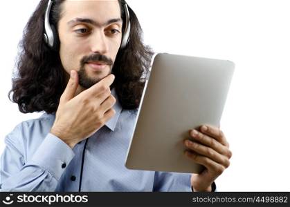 Student listening music with tablet computer