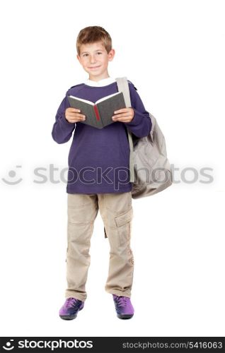 Student little child with blond hair isolated on white background