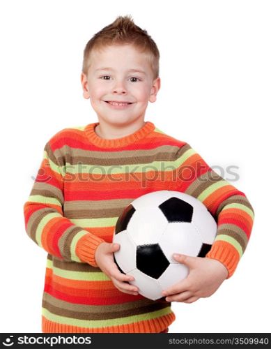 Student little child with soccer ball isolated on white background