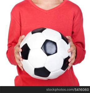 Student little child with soccer ball isolated on white background